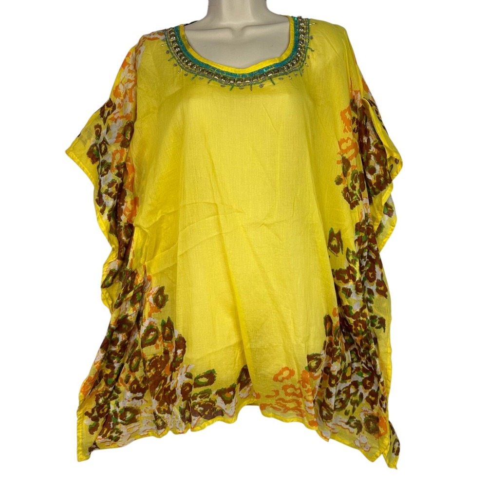 Cynthia Rowley Caftan Tunic Top Sheer Beaded Cover Up One Size Yellow Artsy Boho